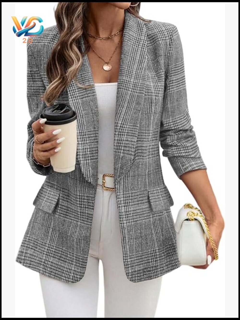 Women's Shawl Collar Plaid Blazer Business Casual Open Front Boyfriend Fit